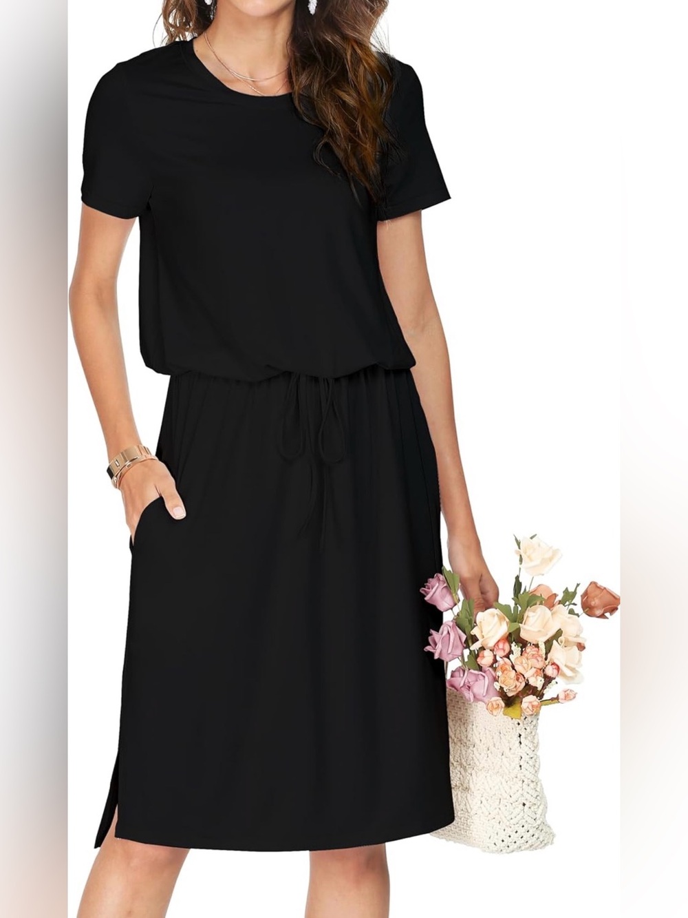 Simier Fariry Summer Classic Black Short-Sleeve Drawstring Waist Dress